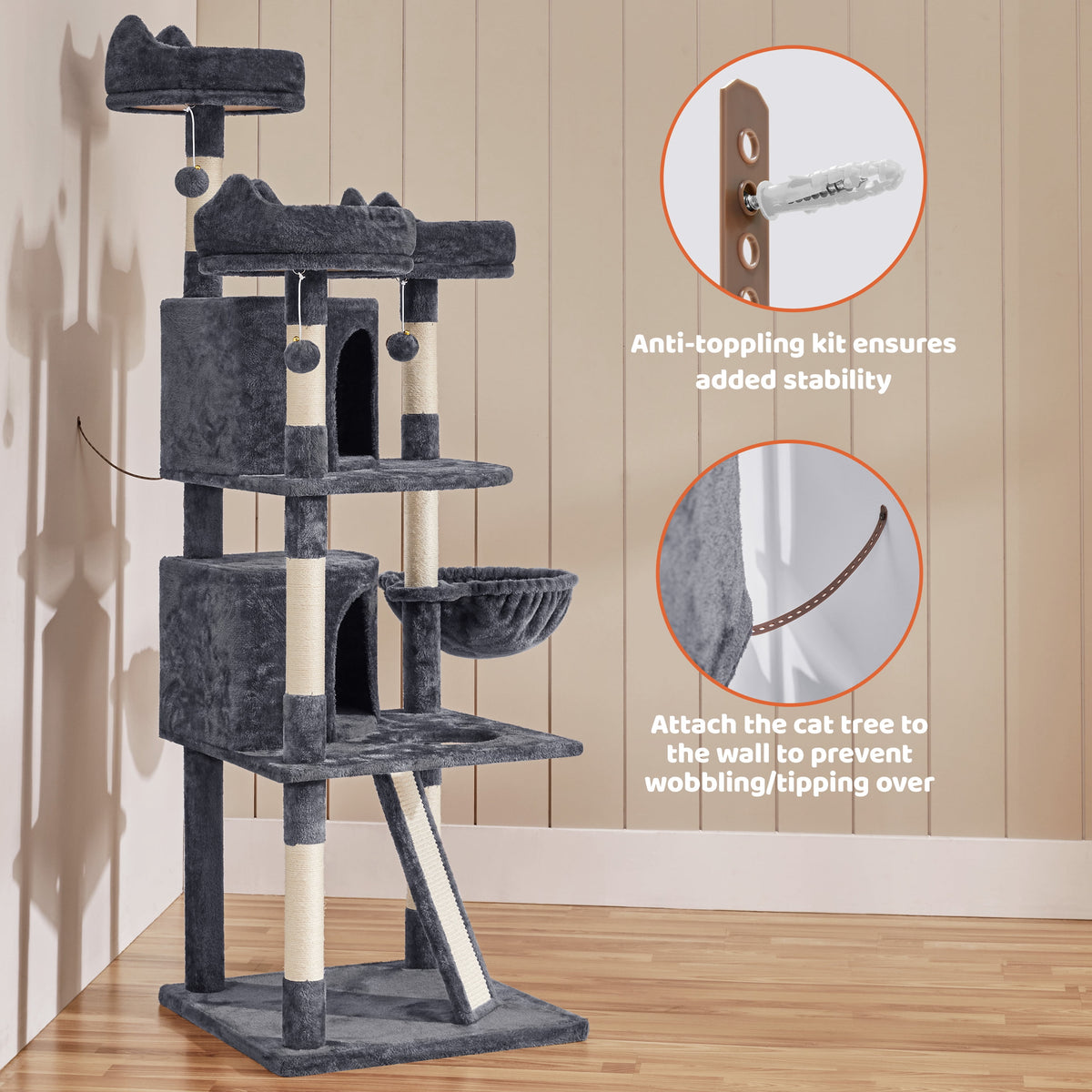 Large 69-Inch Cat Tree Tower with Condos and Scratching Board in Dark Gray