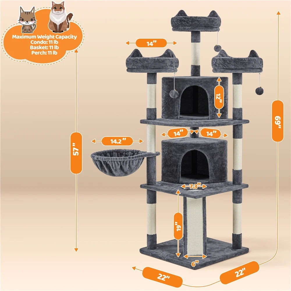 Large 69-Inch Cat Tree Tower with Condos and Scratching Board in Dark Gray
