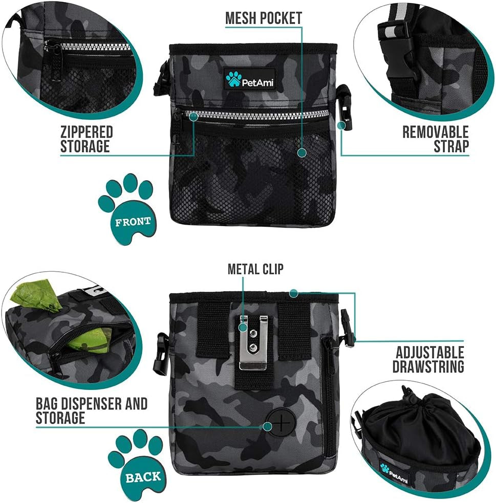 Hands Free Dog Treat Pouch for Training and Walking, Camo Black