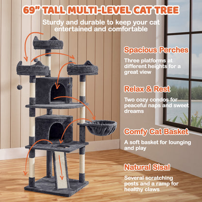 Large 69-Inch Cat Tree Tower with Condos and Scratching Board in Dark Gray